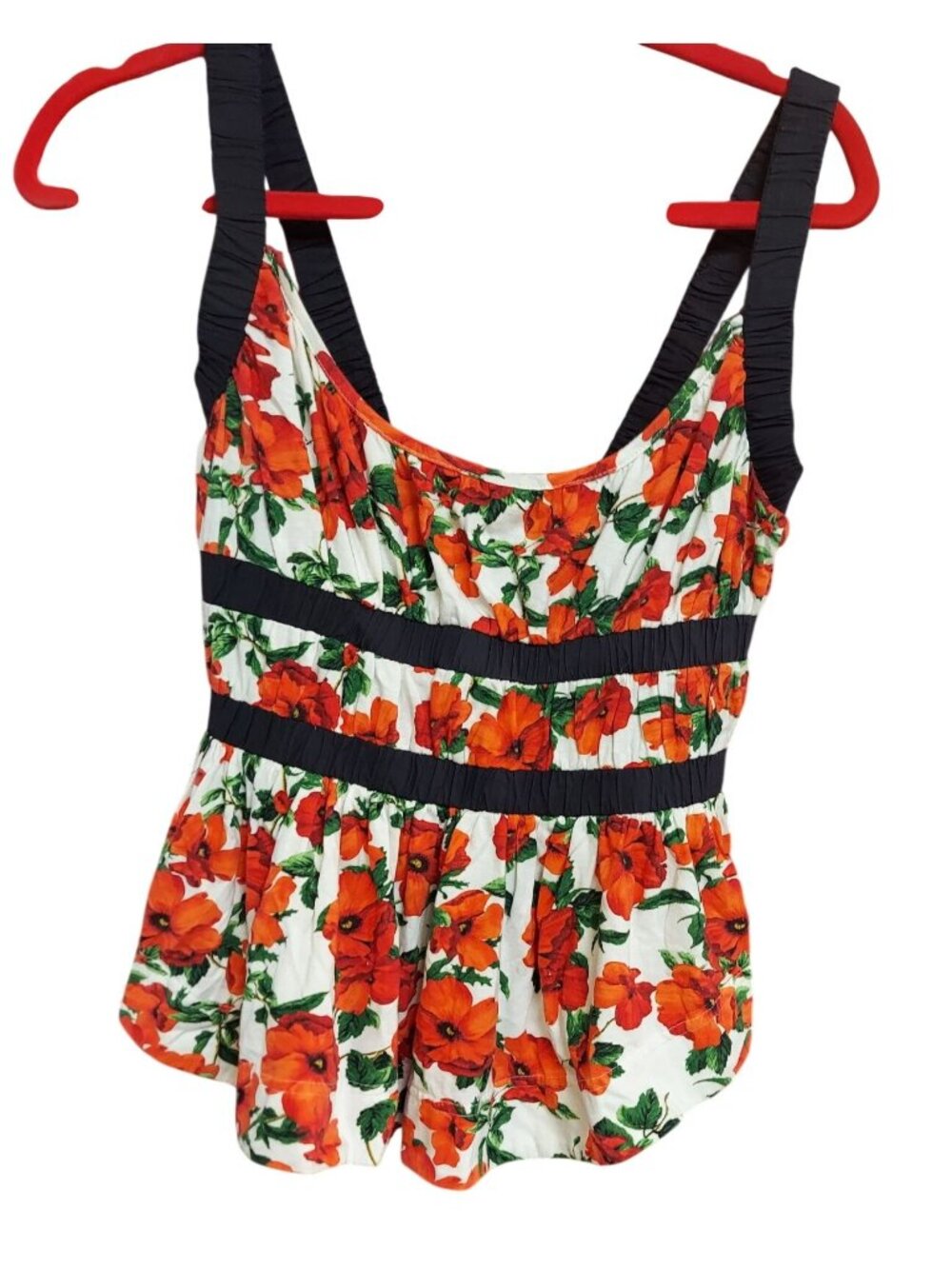 Anthropologie Floral Ruched Sleeveless Tank Top Womens Size S Red White Black